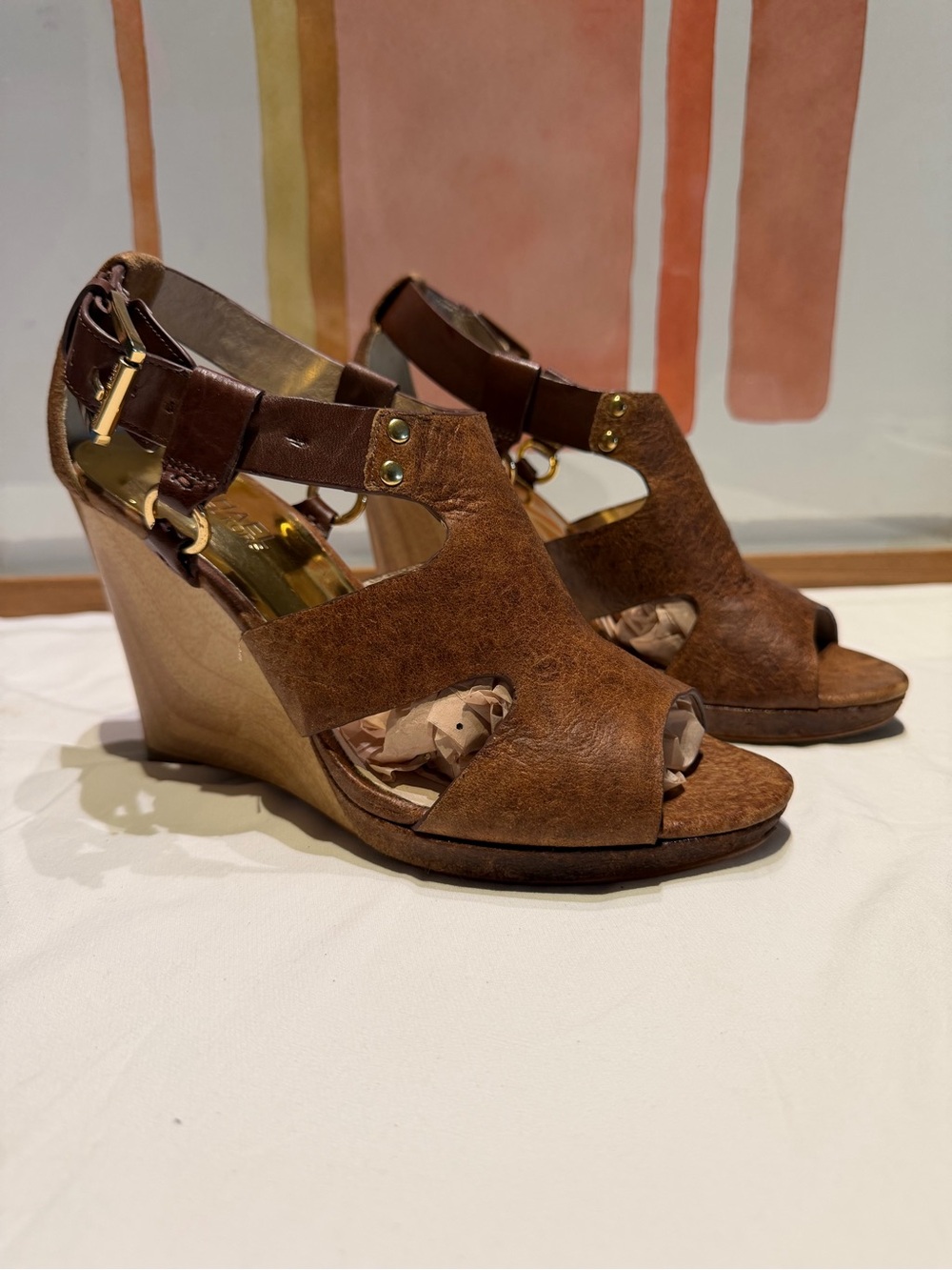 Michael Kors Brown Leather Wedge Sandals Ankle Strap Peep Toe Size 6.5